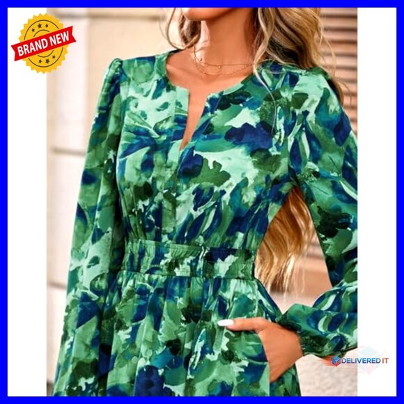 Long Sleeve Mini Dress with Elastic Waist Floral Boho Beach Wedding Guest - Picture 4 of 7